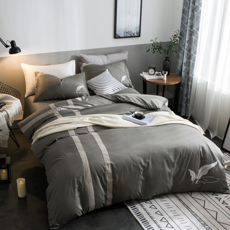 

Gray Solid Color+Gray Embroidery Flower Pattern 40 Count Cotton Pure Color Satin Bedding Set 3/4 pcs Duvet Cover Set Bed Linen