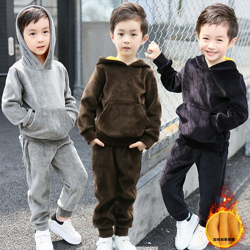 

2018 Fall Winter Children Clothing Set Boys & Girls Solid Velvet Hooded Sweatshirt + Pants Twinset Kids Sport Suit Sportwear A93