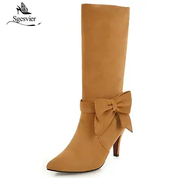 

Sgesvier 2018 Winter Fashion Bowtie Flock Black Red Yellow Knight Ridding High Heel Mid calf Boots Wedding Party Snow Boots B677