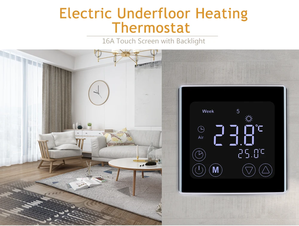Floureon Еженедельный программируемый термостат для подогрева полов 220V 16A с сенсорным ЖК-экраном комнатный термостат регулятор