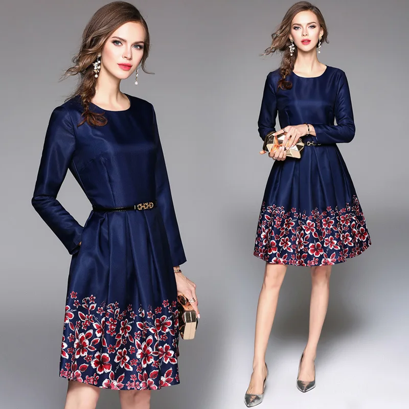 Best selling women's cute blue dress outfits new nine-point sleeve print mid female temperament wild dress