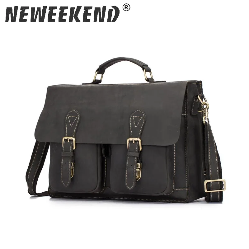 

NEWEEKEND 1061 Genuine Leather Crazy Horse 15 Inch Cowhide Crossbody Briefcases Handbag Laptop iPad Bag Male Men Portfolio Tote