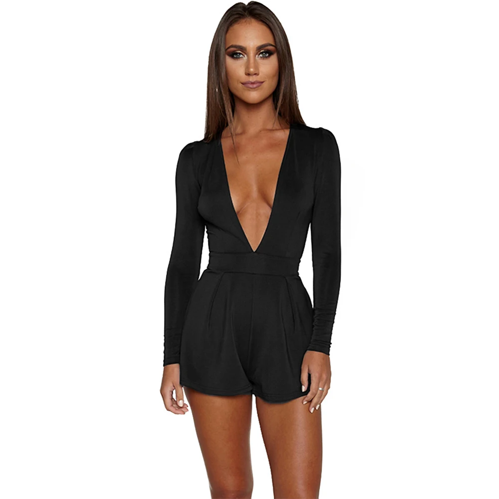 Fashion Women Long Jumpsuit Deep V Neck Long Sleeve Solid