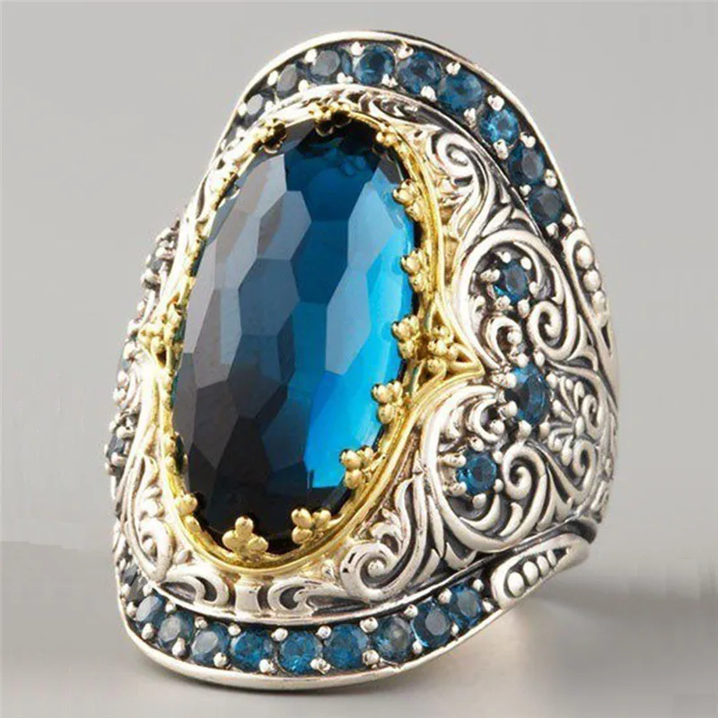BOAKO Популярные Синие Большие винтажные обручальные кольца для женщин, Классические Золотые мозаичные синие кристаллы, модные турецкие ювелирные изделия, подарок для любви X7-M2