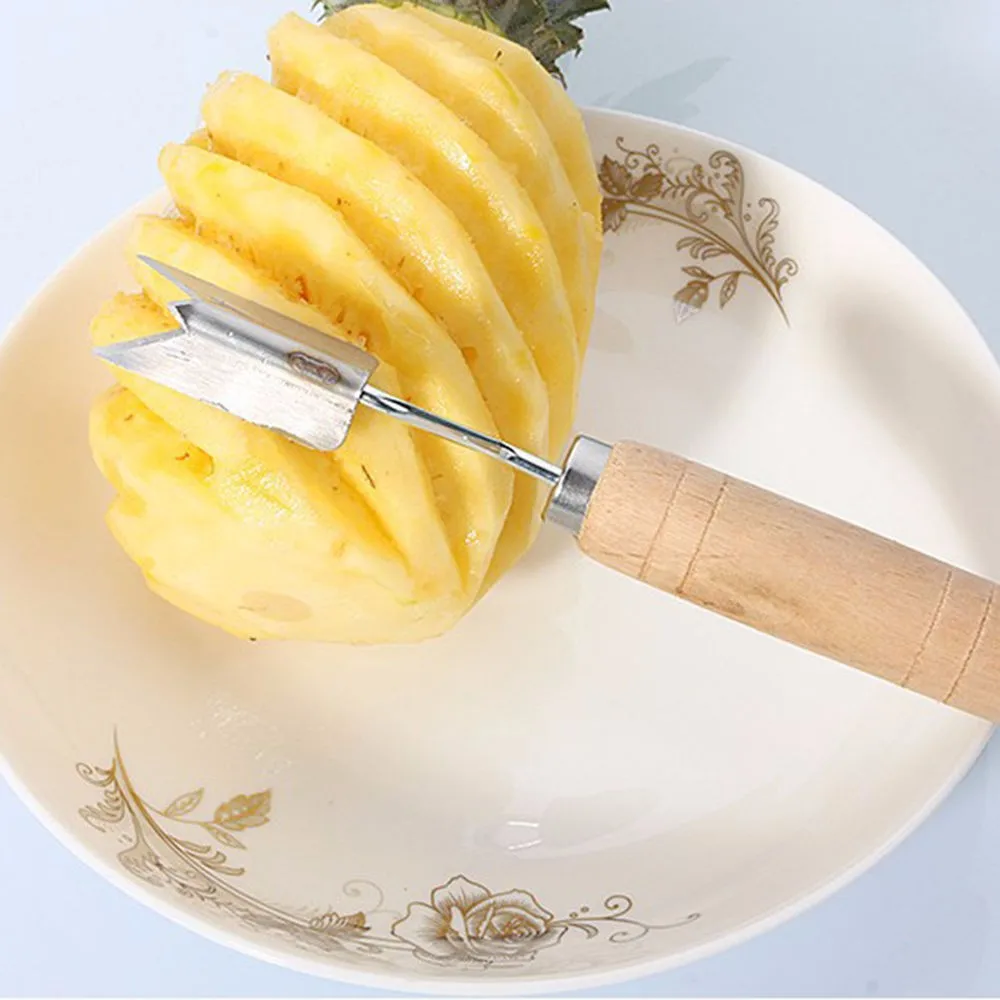 

New Wooden Antislip Handle 2 Blades Pineapple Fruit Peeler Cutter Silver Tone