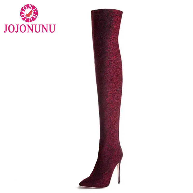 

JOJONUNU Brand Design Over Knee Long Elastic Boots Women Thin High Heels Pointed Toe Shoes Women Shine Winter Botas Size 33-43