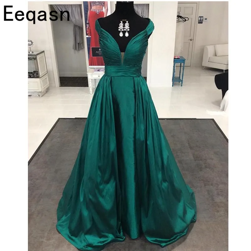 

Eeqasn Long Dark Green Satin Prom Dresses 2018 Vestido de festa Simple Evening Dress Women Formal Plus Size Prom Party Gowns