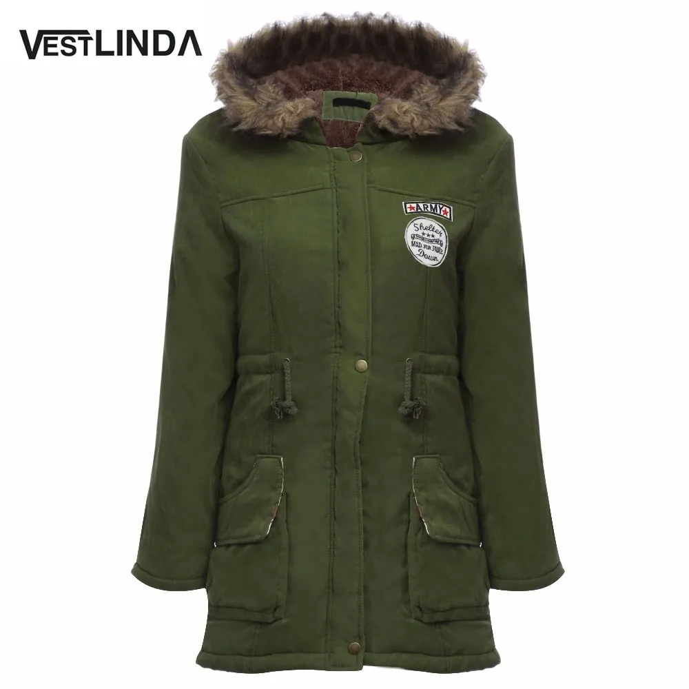 VESTLINDA Coats Big Size Fur Hooded Down Coat Army Green Drawstring Jackets Coat Winter Jacket Women Warm Coats Parkas Plus Size 8