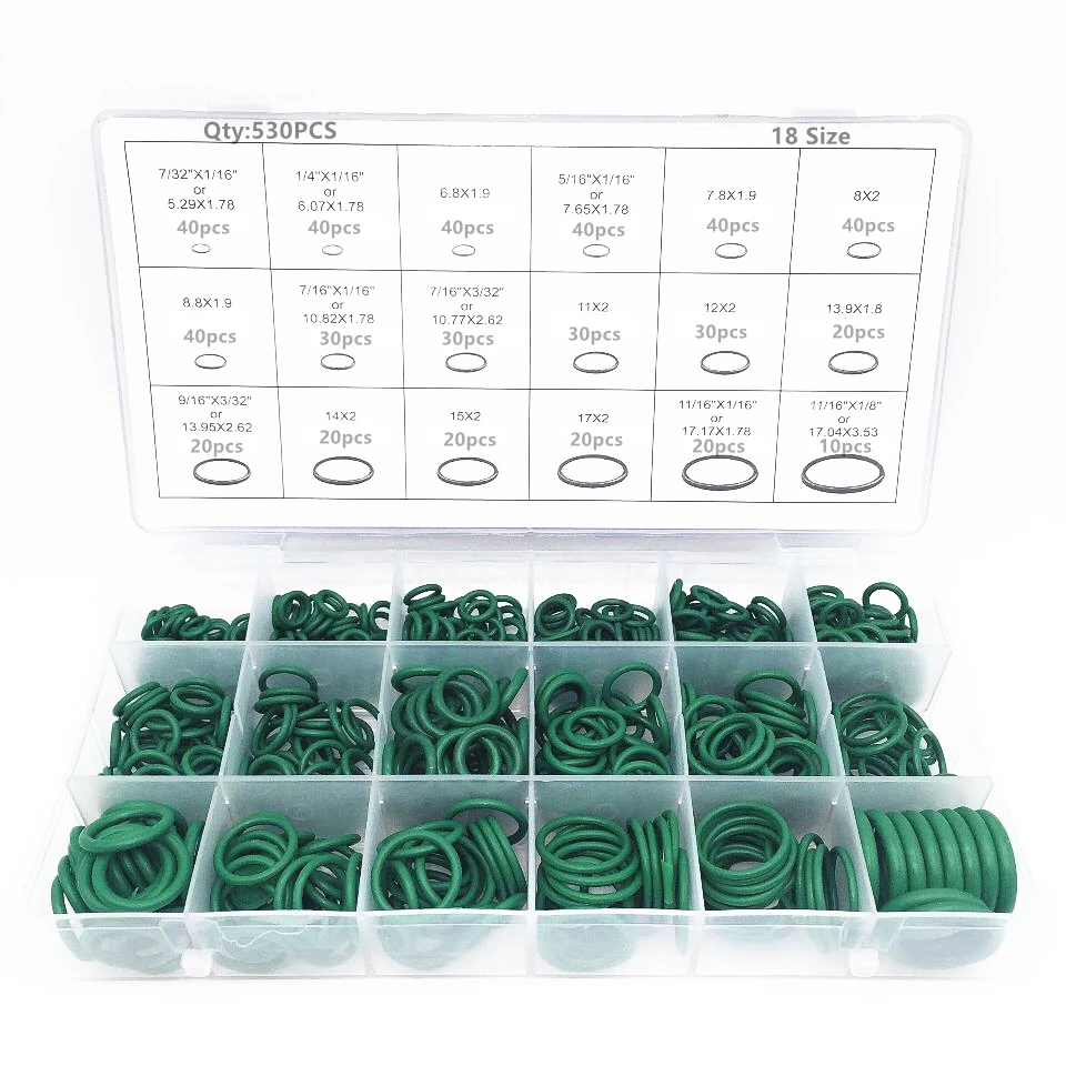 

530PCS High Quality 18 Sizes O-ring Kit Green R134A Rubber O Ring O-Ring Washer Seals Assortment for Car