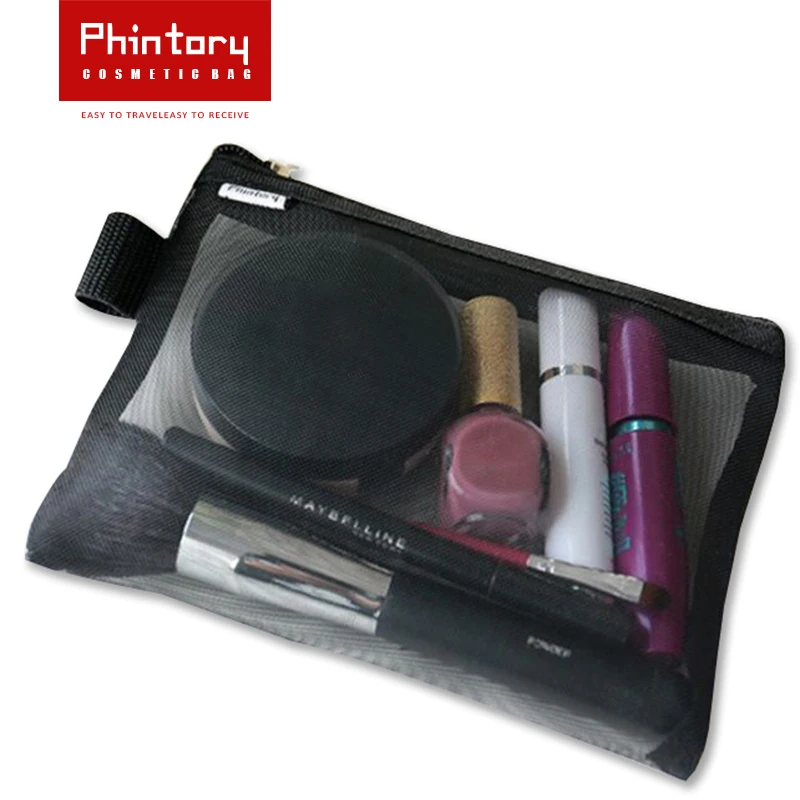 2017 Gauze Transparent Cosmetic Bag Women Fashion Black Mesh Zipper