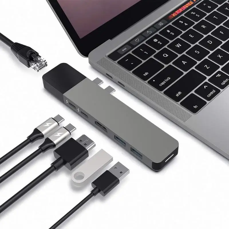 

7 in 1 USB C Hub Dual Type C to Multi USB 3.0 HDMI Adapter for MacBook PC With RJ45 ,SD/ Micro Card Reader ,4K/60Hz HDMI, USB3.0