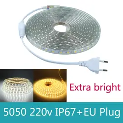 Светодиодные полосы 5050 220 В AC с Мощность plug 60 LED/M IP67 Водонепроницаемый открытый украшения дома Строка освещения LED flexibe ленты света