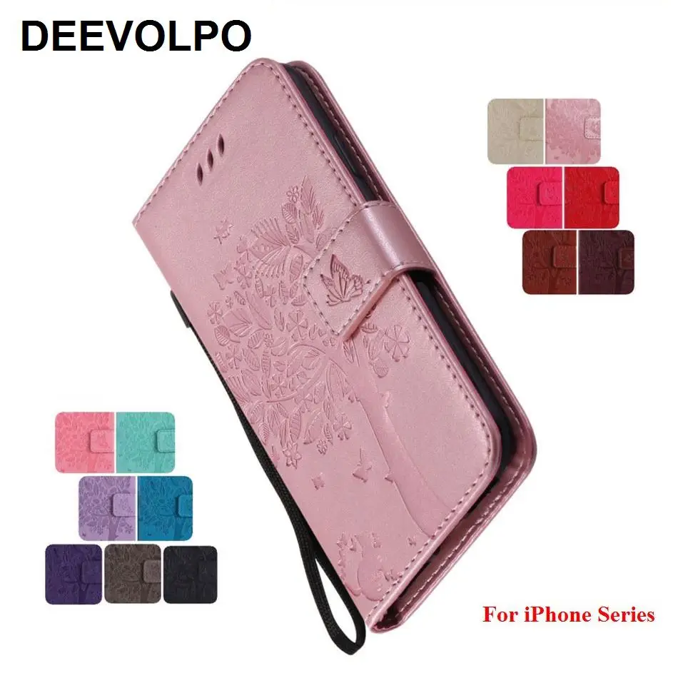 

Leather Case Lovely Tree Cat Pattern For iPhone XR X XS Max 8 7 6S Plus 4 4S 5C 5S SE Touch 5 6 Card Slot Phone Bags Funda DP06Z