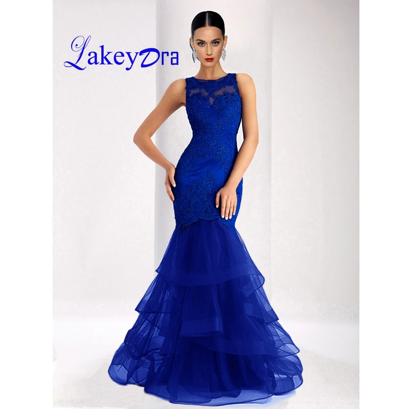 

Lakeydra Mermaid Prom Dresses Royal Blue Tulle with Appliques Backless Trumpet Evening Gowns