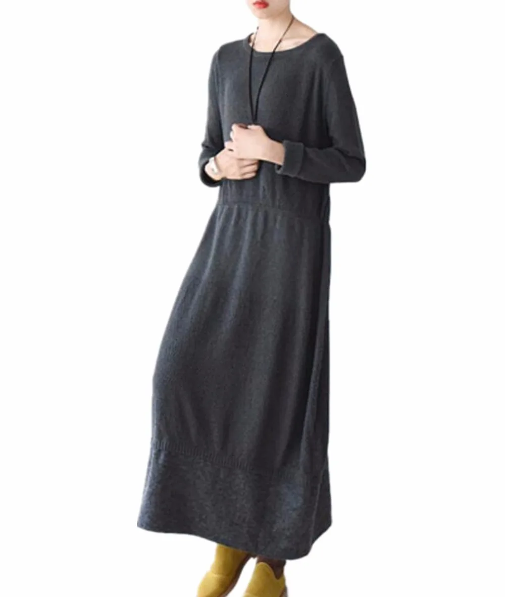 Yesno JY0 Women Long Elegant Fitted Sweater Dress Knitted Dress Wool Hem Stitching Crew Nick Long