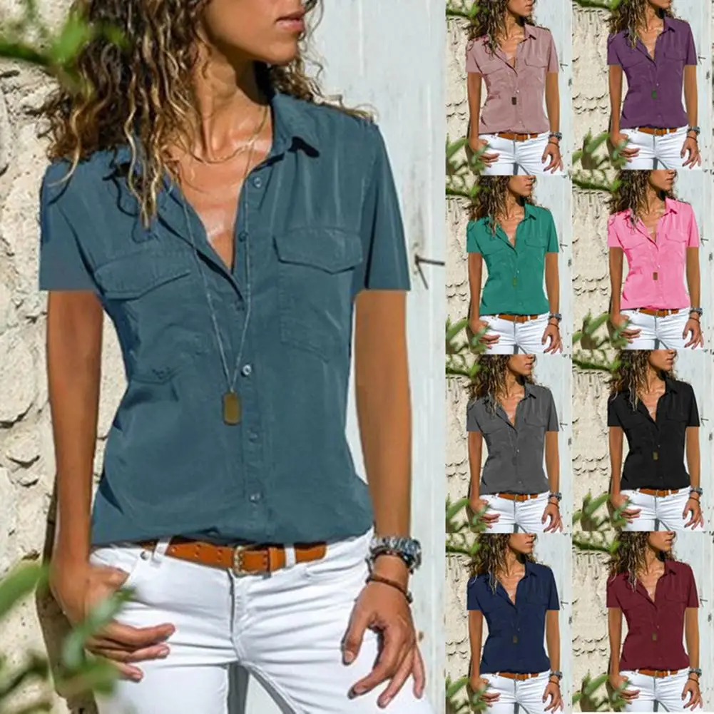 

New Plus Size Women Lapel Button Pocket Shirt Solid Color V Neck Short Sleeve Blouse
