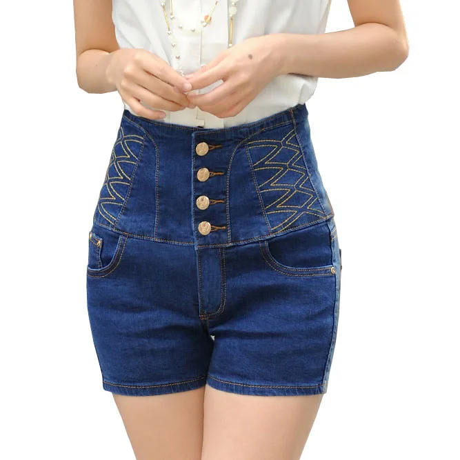 Plus Size Women Shorts Summer 2017 Buttons Slimming High Waisted Denim