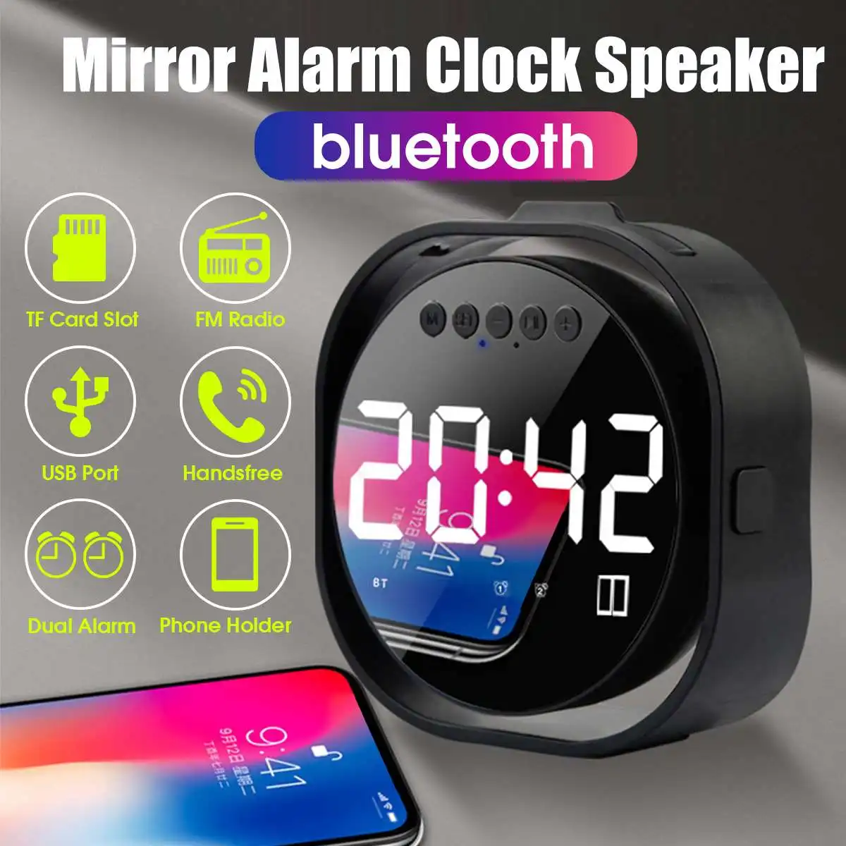 

LED Mirror Alarm Clock Digital Snooze Dual Alarm Clock FM Radio Wireless bluetooth Speaker Wake Up Support TF USB Handsfree