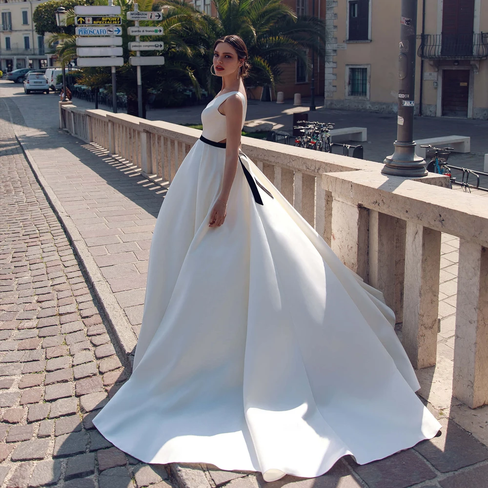 Винтажное атласное свадебное платье трапециевидной формы с v-образным вырезом и шлейфом, свадебное платье с поясом, свадебные платья для невесты, Vestido De Novia
