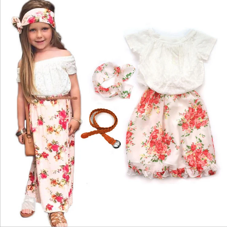 

2019 Summer Girls Clothing Set T shirt + dress + scarf+belt 4pcs / set floral collar lace suit children clothes flower Headband