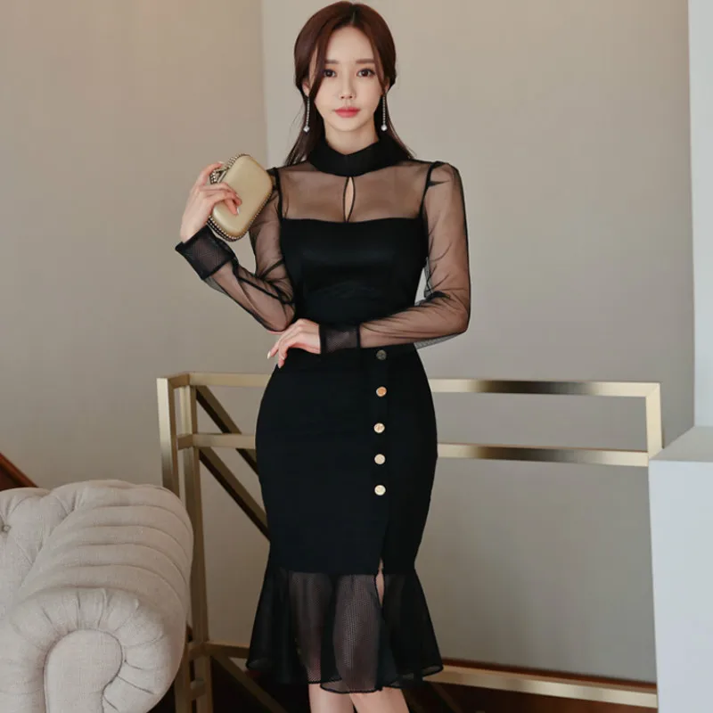 

2019 Spring Long Sleeve Mesh Patchwork Cloth Women Bodycon Knee-Length Fishtail Black Solid Party Sexy Dress