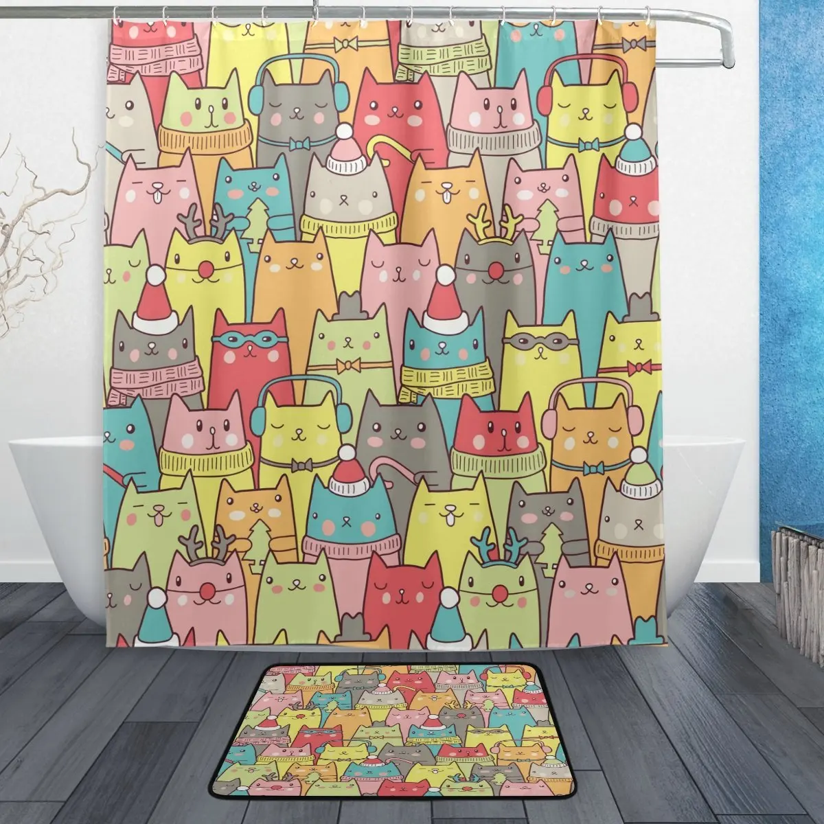 

Christmas Colorful Cute Cat Waterproof Polyester Fabric Shower Curtain with Hooks Doormat Bath Floor Mat Bathroom Home Decor