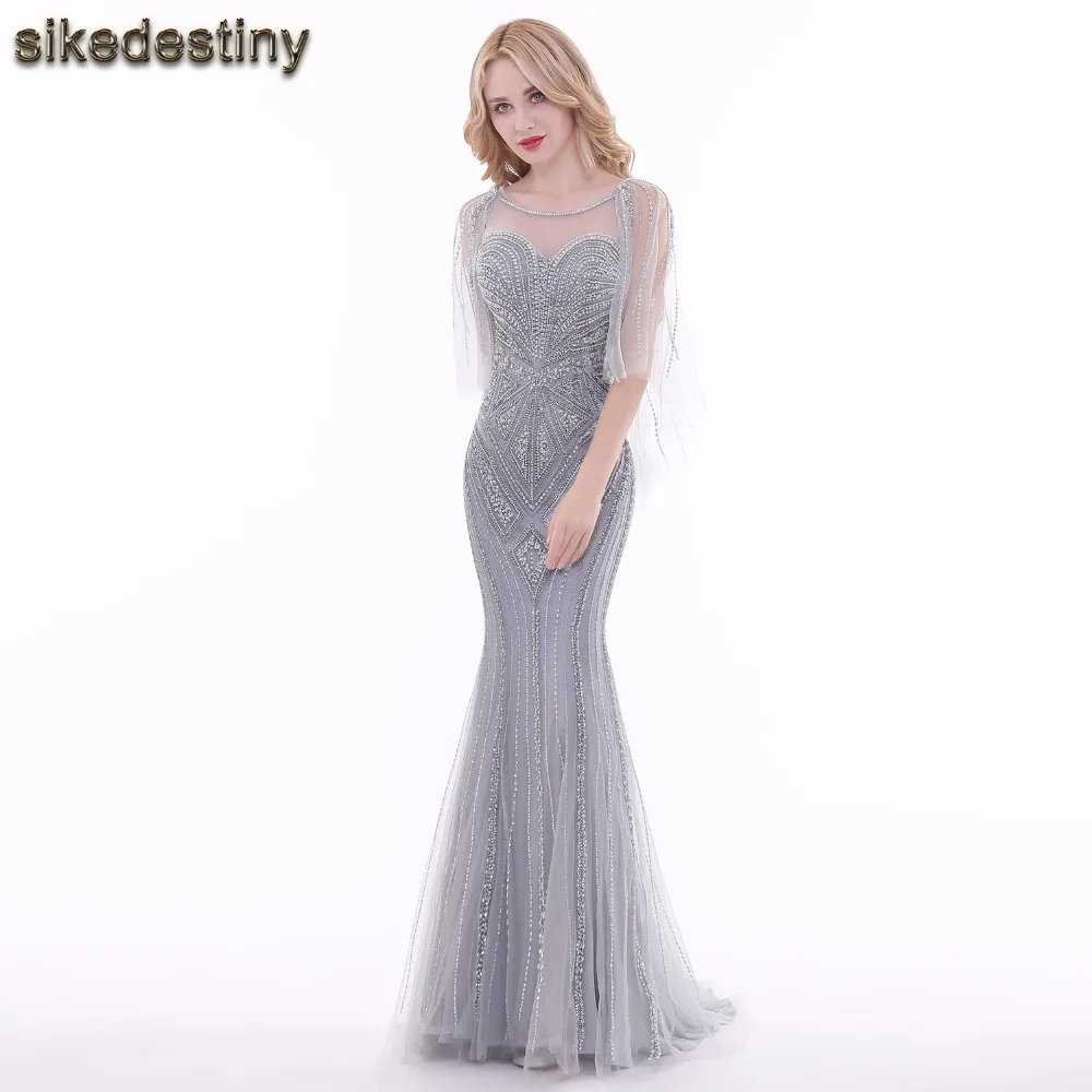 

Sikedestiny Real Photos Beautiful Mermaid Long Gray Evening Dresses 2018 Beades Pattern Formal Evening Gowns Long Prom Dresses