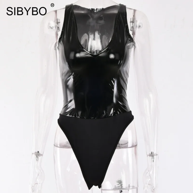 Sibybo/обтягивающее Сексуальное Женское боди из искусственной кожи с v-образным вырезом без рукавов в стиле пэчворк; Летний комбинезон для женщин; пляжные повседневные женские боди - Цвет: Черный