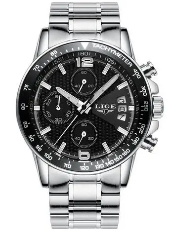 LIGE новые мужские часы Топ бренд класса люкс Секундомер спортивные водонепроницаемые кварцевые часы мужские модные бизнес часы relogio masculino - Цвет: Silver black S