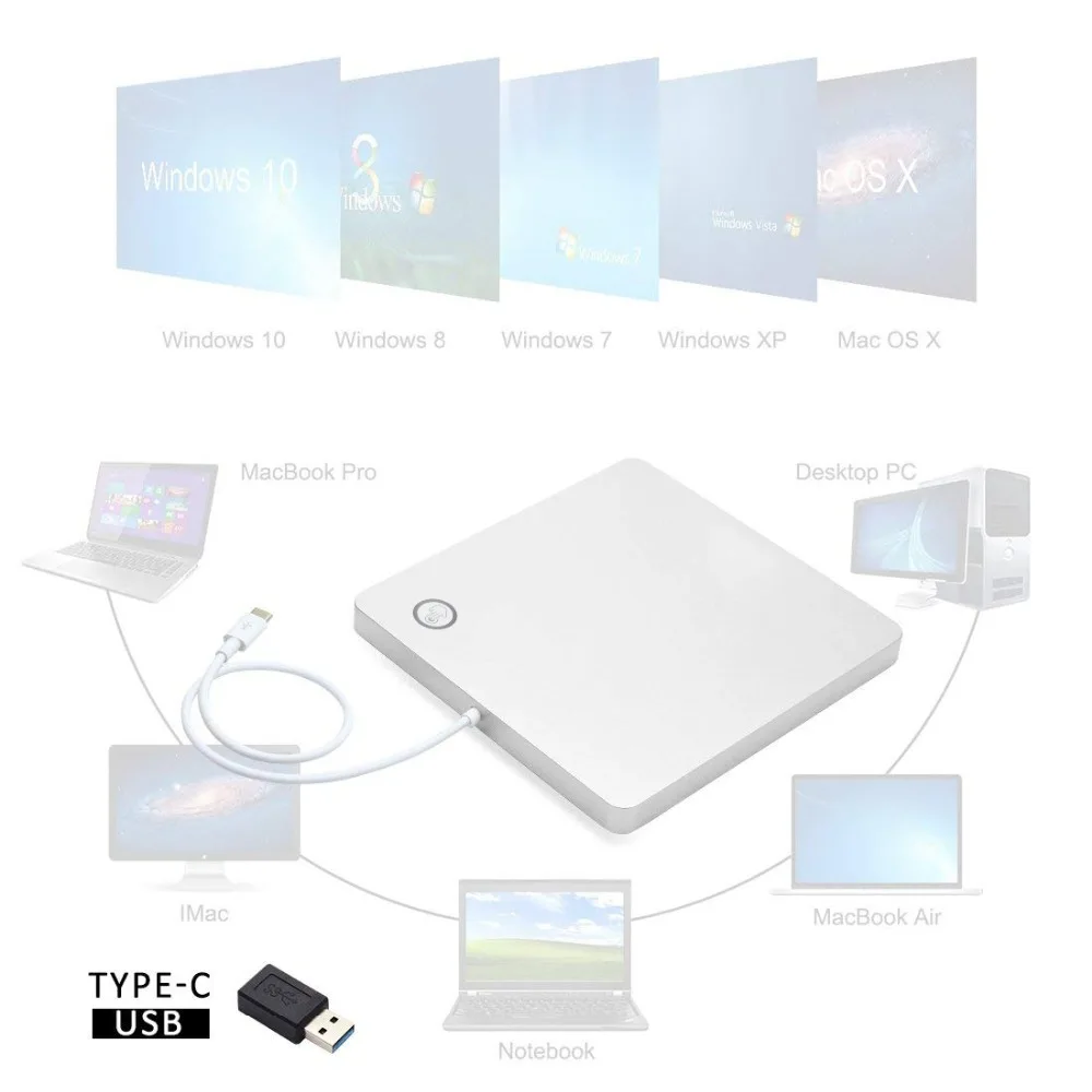 Автоматическая Вдыхание USB C внешний диск горелки DVD проигрыватель компакт дисков
