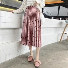 Осенняя элегантная бархатная плиссированная юбка в горошек, эластичная талия, Женская юбка средней длины, Женская Расклешенная юбка, Повседневная Нижняя юбка для женщин