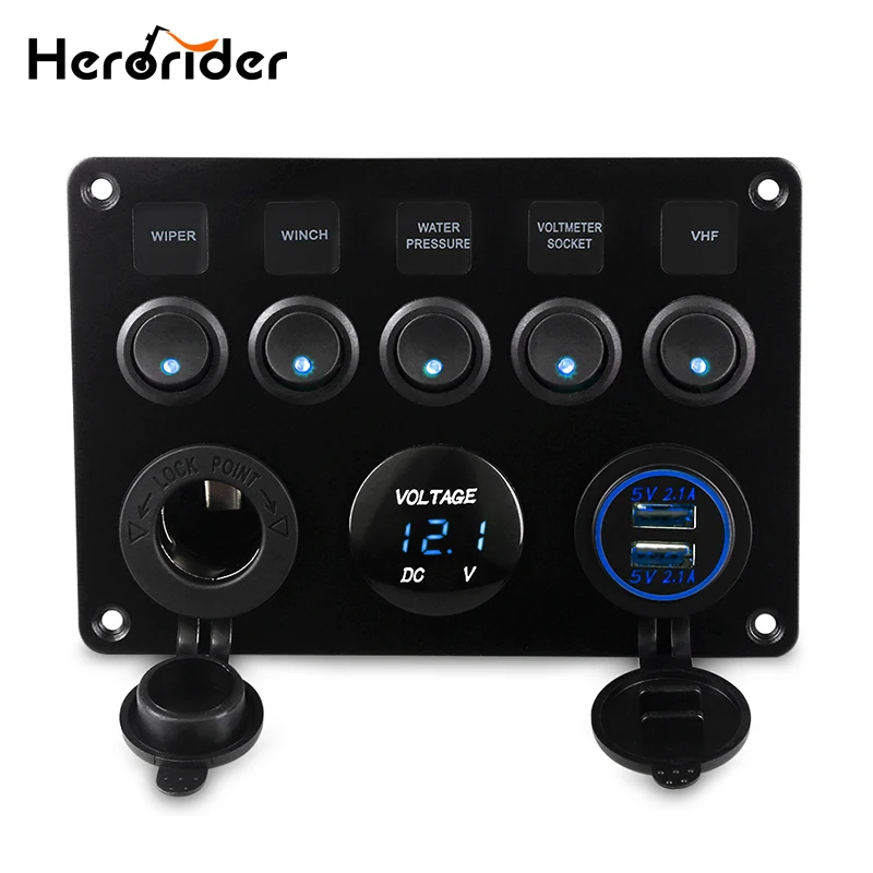 Herorider Dual USB Socket Charger LED Voltmeter 12V Power Outlet 5 Gang ON-OFF Toggle Switch Panel for Car Boat Marine RV Truck Herorider Dual USB Socket Charger LED Voltmeter 12V Power Outlet 5 Gang ON-OFF Toggle Switch Panel for Car Boat Marine RV Truck