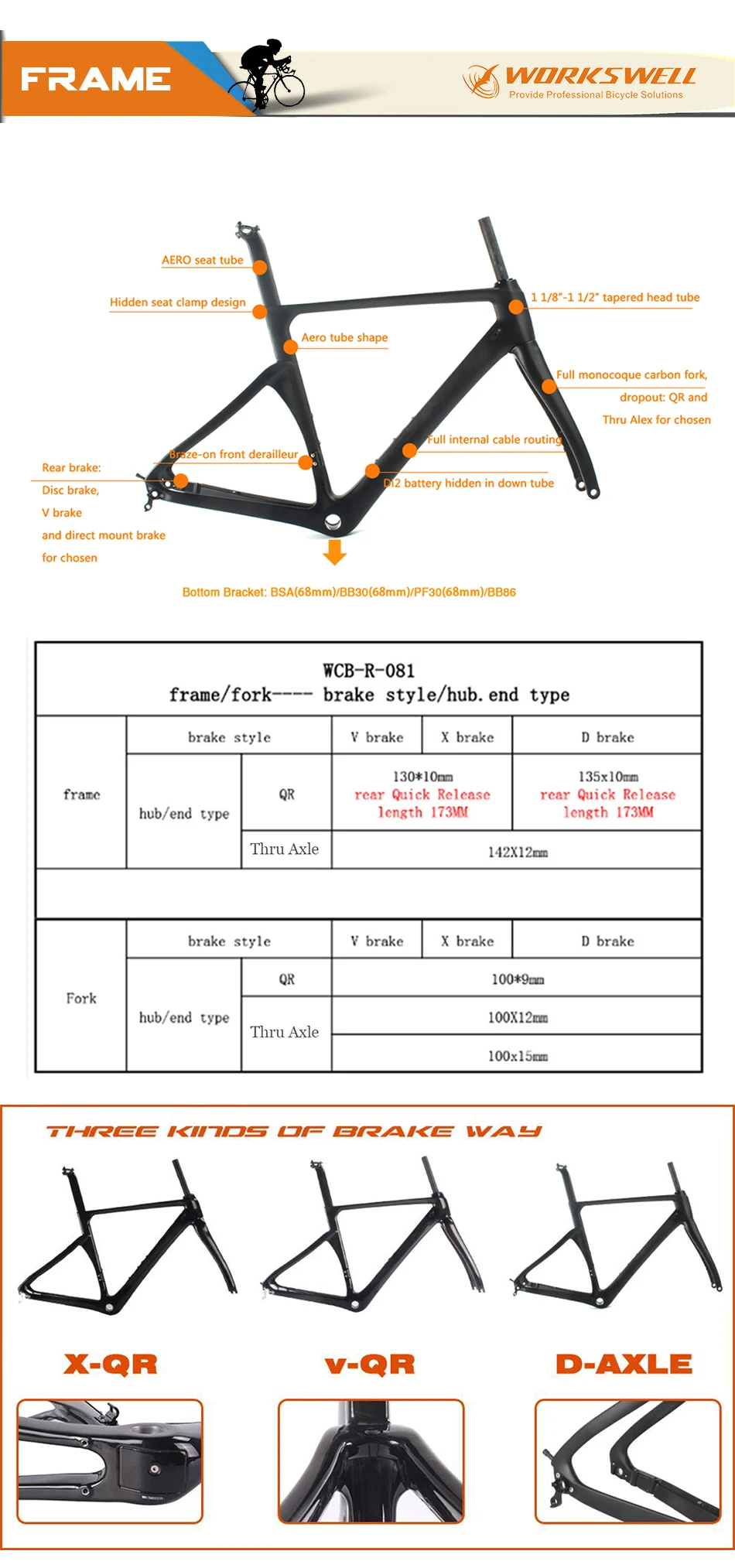 Perfect Workswell Full Carbon Road Bike Frame  BSA Carbon Bicycle Frameset glossy matt 44/46/49/52/54/56/58CM 2