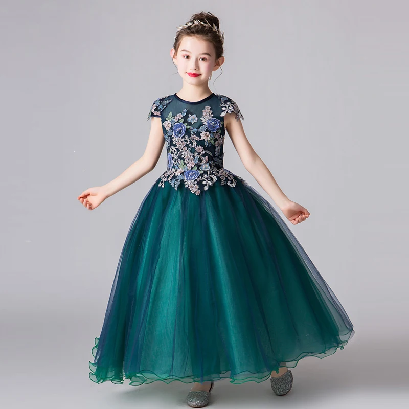 Girl Dress Kids Mesh Lace Noble Swan Embroidered Flower Princess Party Gown