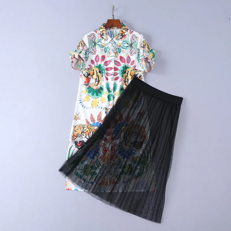 

2018 Summer Runway Dresses short Sleeves Tiger Print Mesh Women's Dress Vestidos De Festa 6066