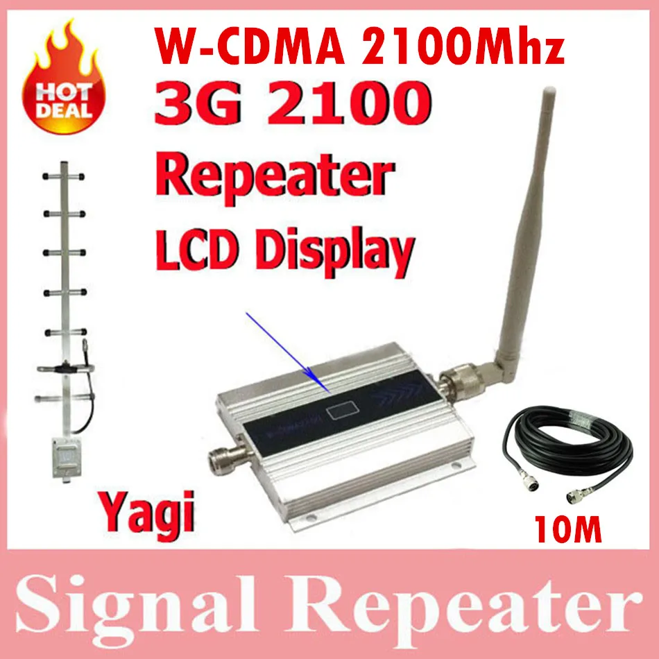 

Hot sale WCDMA 3G repeater with LCD, powerful 2100mhz mobile signal booster amplifier with yagi +10M Cable and ceiling antenna