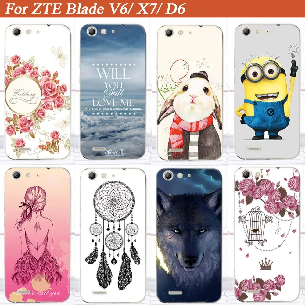 

New Arrival 10 Patterns Painting Colored Rabbit Wolf Girl Glass Flowers Hard PC Case Cover For Zte Blade V6 D6 X7 5.0" Cases Bag