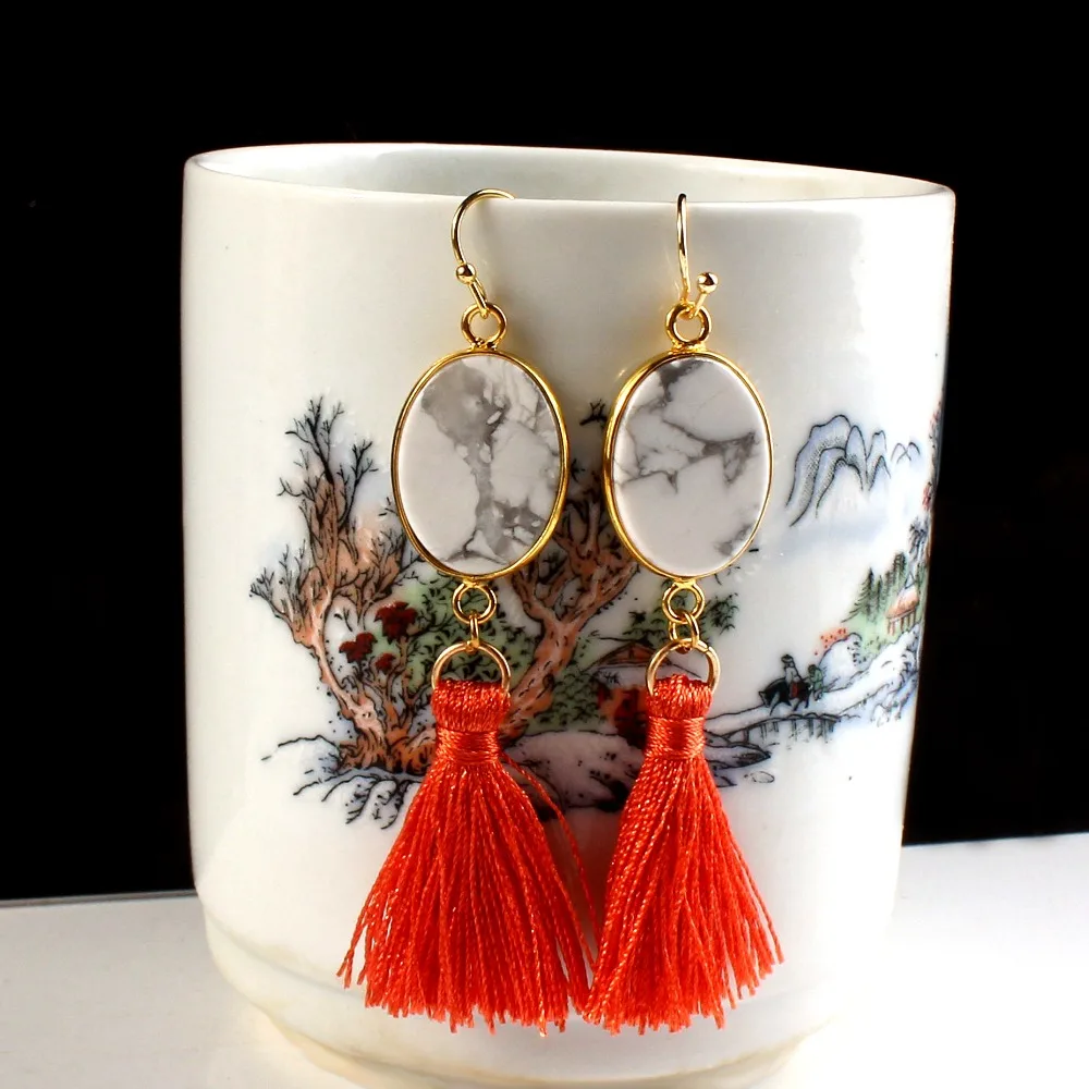 

Kraft-beads Vintage Gold-color Chinese Style White Turquoises Earrings Long Tassel Earrings Valentine's Day Jewelry