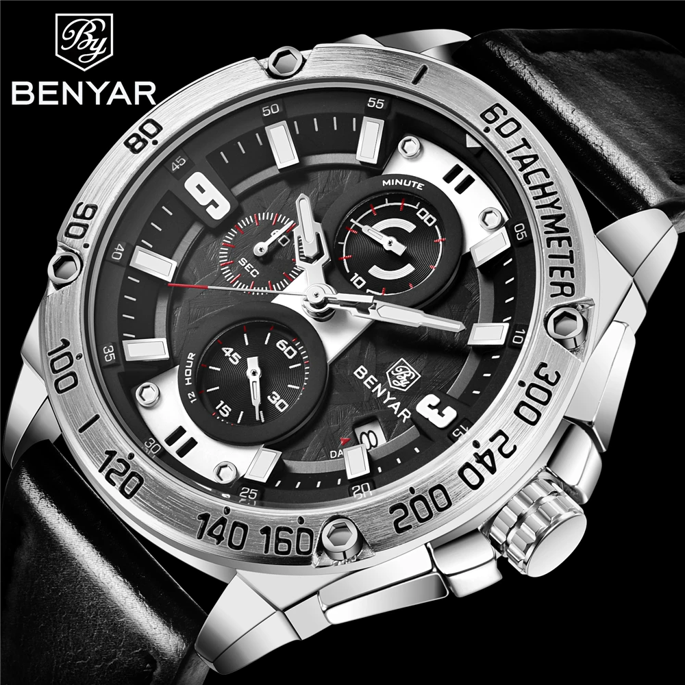 Мужские часы BENYAR, новинка, Топ бренд, роскошные кожаные часы, мужские повседневные модные водонепроницаемые спортивные кварцевые часы zegarek meski