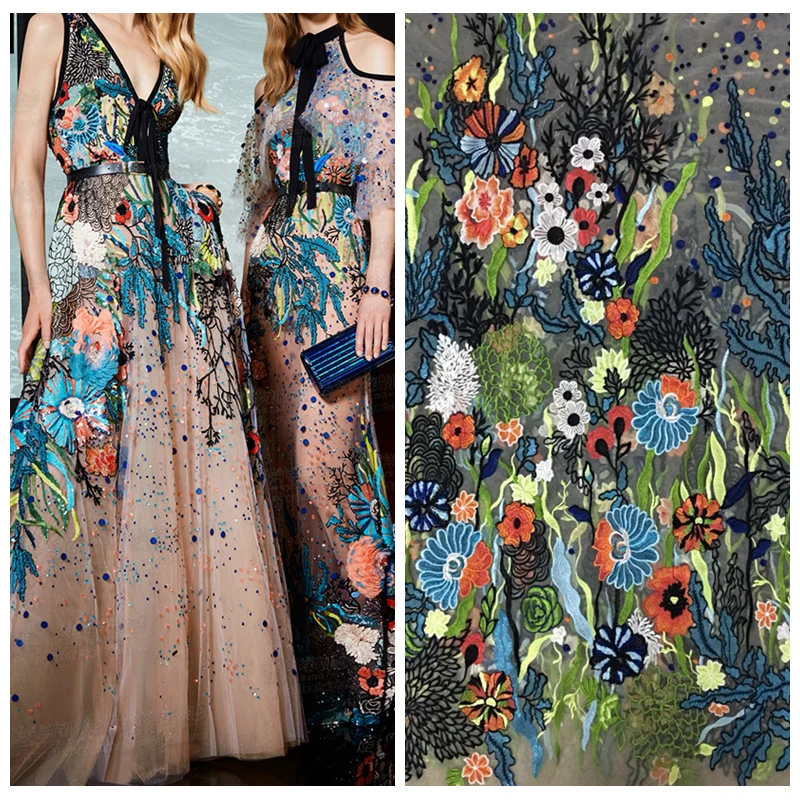 

LASUI 1y/lot high quality Multicolor Waterweed embroidery lace fabric apricot mesh handmade diy clothing dress cloth X0356