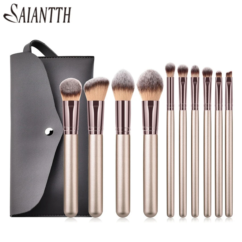 

SAIANTTH 10pcs coffee tube makeup brushes set wooden handle high quality blush powder foundation eyeshadow eyeliner maquiagem