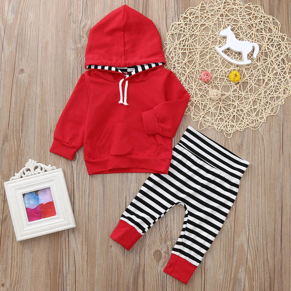 Комплект из 2 предметов для малышей, топ в полоску с длинными рукавами и капюшоном, пуловер+ штаны, одежда спортивный костюм из 2 предметов, комплект одежды