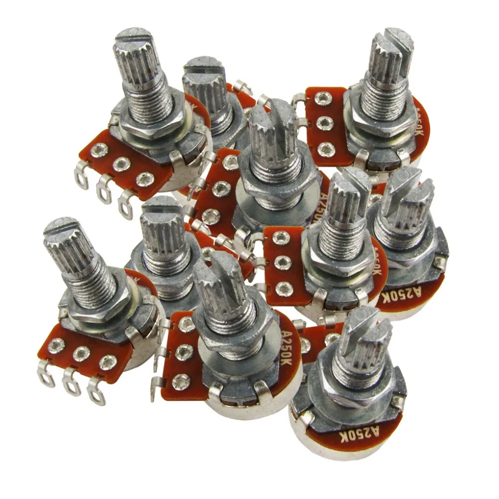 FLEOR 10pcs Small Electric Guitar Bass Potentiometers Pots A250K Long Split Shaft Guitar Parts