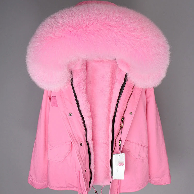 Зимняя женская куртка, бренд, большое натуральное меховое пальто, парка, воротник из красного лисьего меха, подкладка из искусственного меха, камуфляжная розовая короткая куртка, модная новинка
