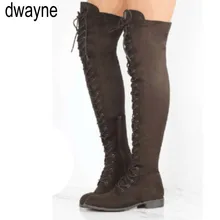 Пикантные Сапоги выше колена на шнуровке женские сапоги женская обувь женские зимние сапоги из флока на квадратном каблуке, на резиновой подошве, botas г., Зимние ботфорты hjm89