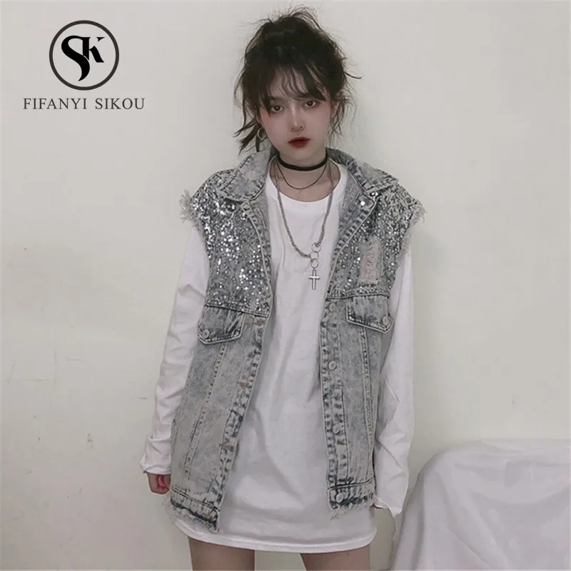 

2019 Women's Vintage Denim Vest jacket Fashion Sequins Tassel Sleeveless Jeans Vest women Loose Casual Washed Denim Waistcoat