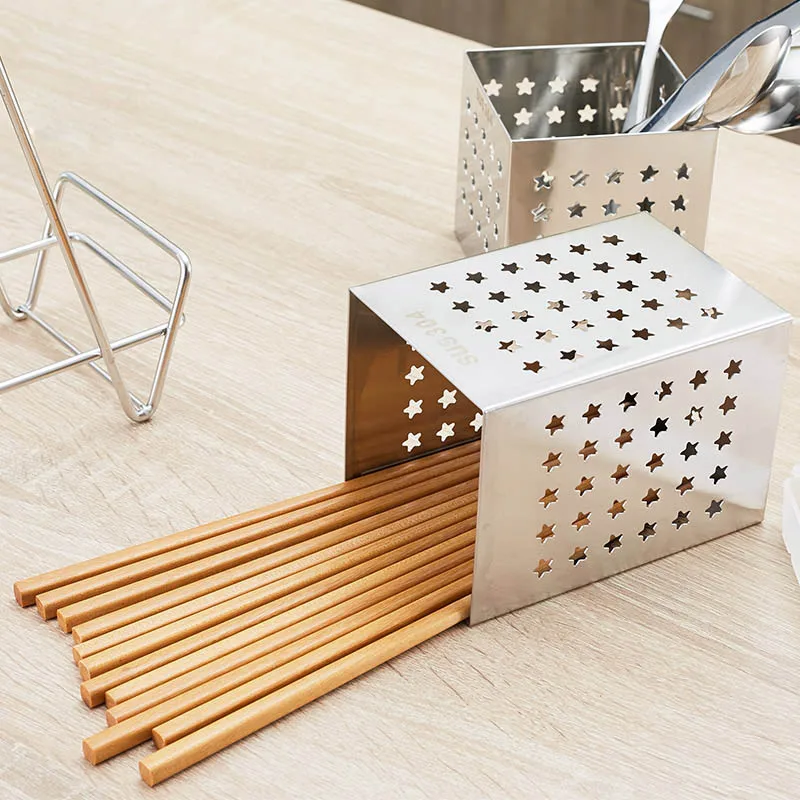 304 Stainless Steel Square Shape Tableware Storage Basket Spoon Rest Chopsticks Holder With The Draining Board Free Shipping