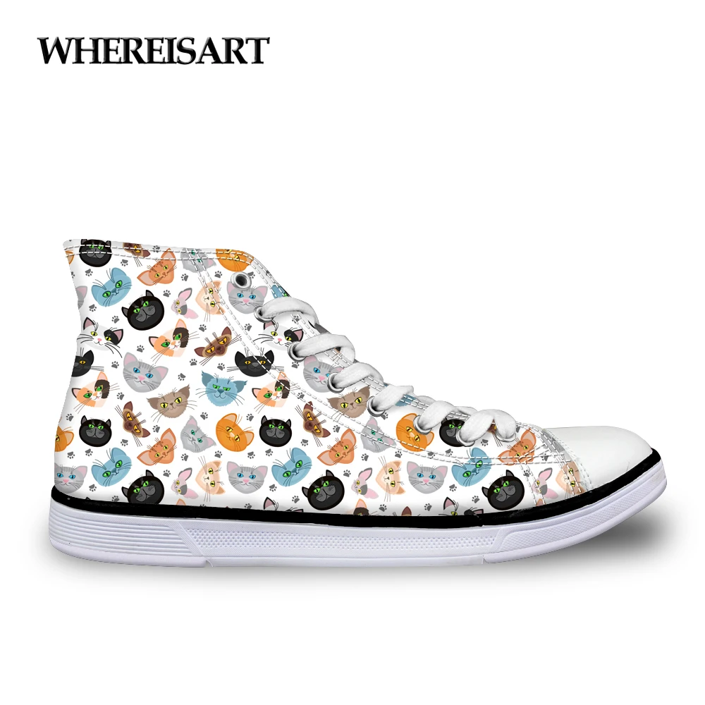 

WHEREISART Cute Cat Printing High-top Shoes for Women Fashion High Top Canvas Shoes Ladies Casual Breathable Vulcanize Shoes