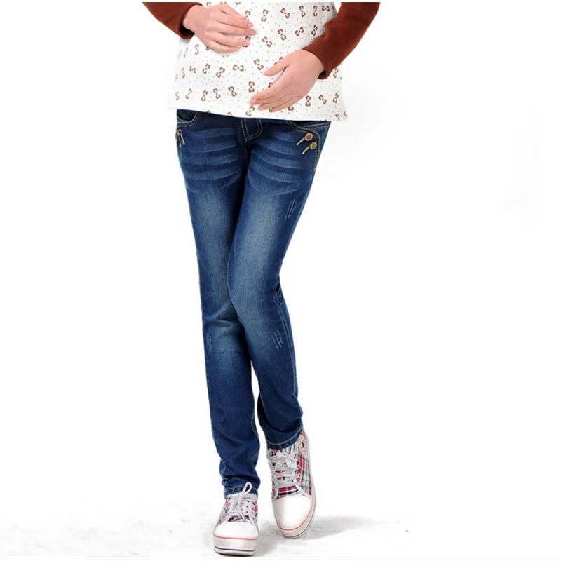 Горячая Распродажа новейший дизайн подходит для всех сезонов подходящие джинсы для беременных, металлические пуговицы и рваные джинсы для беременных женщин - Цвет: Синий