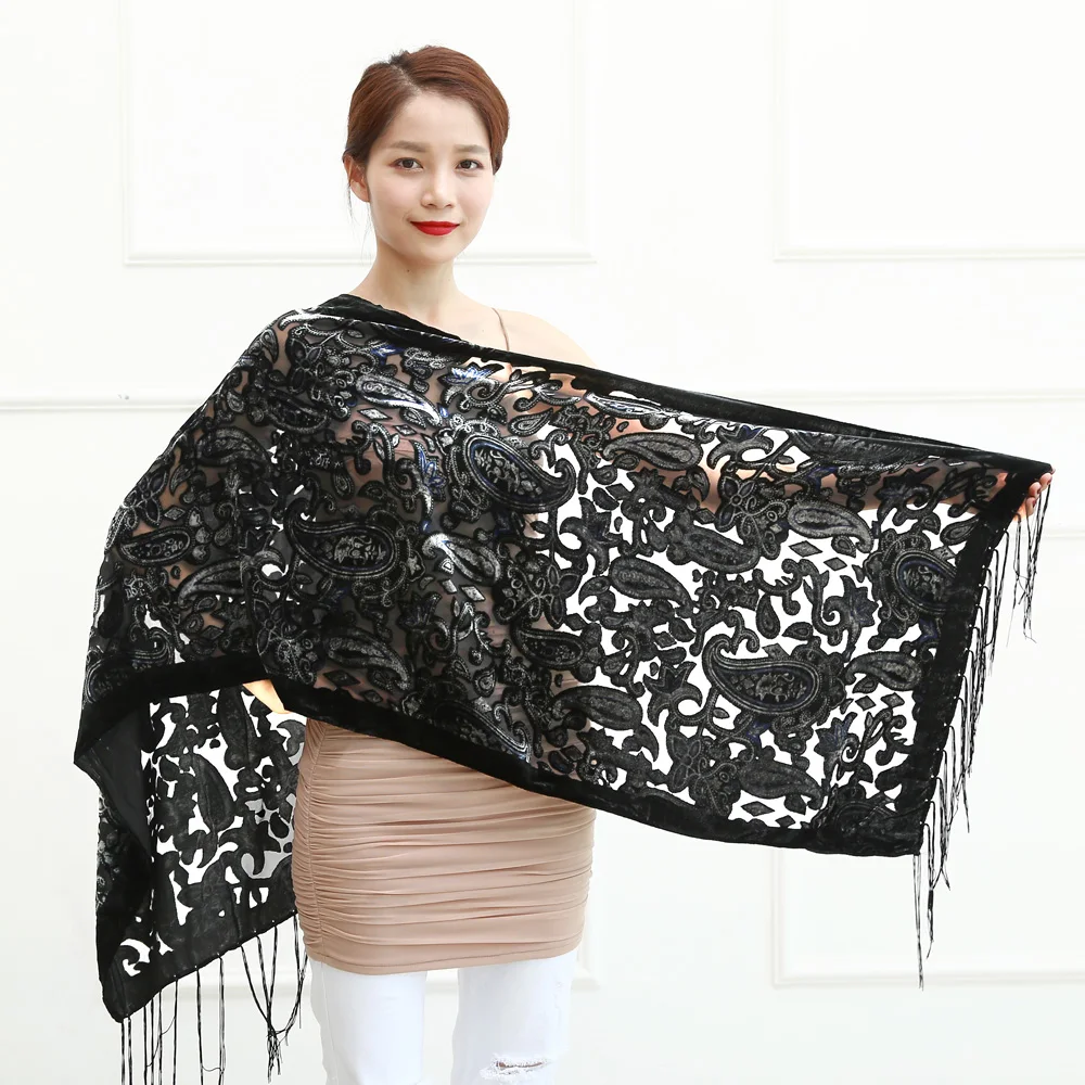 

Limit Quantity ! Black Cashew Velvet Women Scarf Winter Evening Party Poncho Soft Burnout Shawl Gift For Lovers